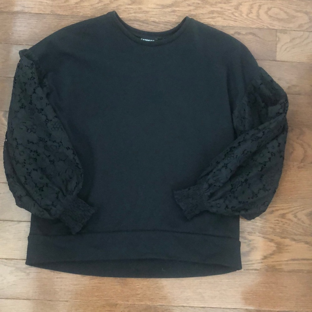 Express black crew neck sweatshirt with lace cutout sleeves